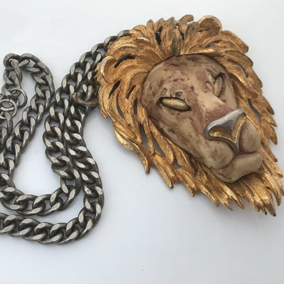 Vintage Necklace Men Jewelry Loin Face Gold Tone M - Picture 5 of 9